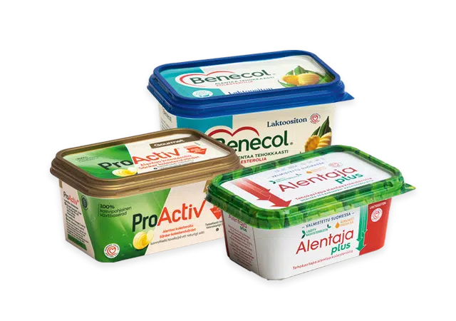 Benecol-, Pro Activ- ja Alentaja-merkkiset kolesterolia alentavat margariinit.
