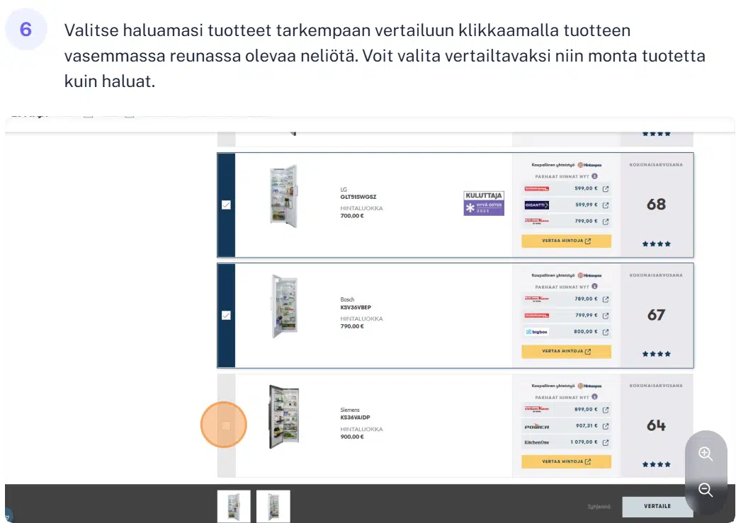 Kuluttajan jääkaappitestin testitulokset-sivu.