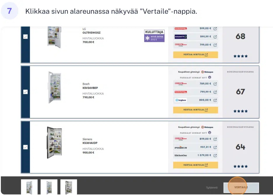 Kuluttajan jääkaappistestin testitulokset-sivu.