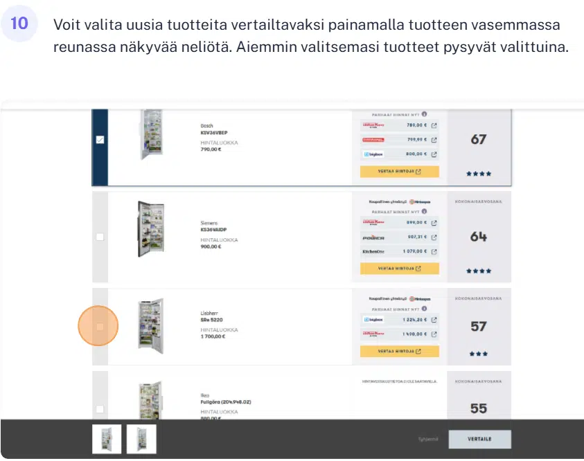 Kuluttajan jääkaappitestin testitulokset-sivu.