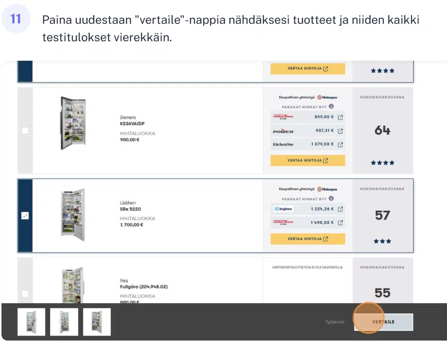 Kuluttajan jääkaappitestin testitulokset-sivu.