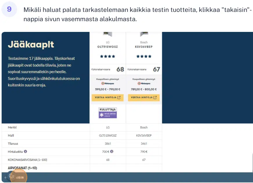 Kuluttajan jääkaappitestin tuotevertailu-näkymä, johon on valittuna 2 tuotetta.