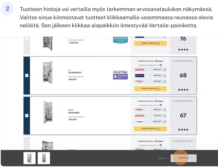 Kuvakaappaus Kuluttajan testitaulukosta.