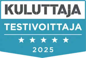 Kuluttajan Testivoittaja 2025 -merkki, 5 tähteä.